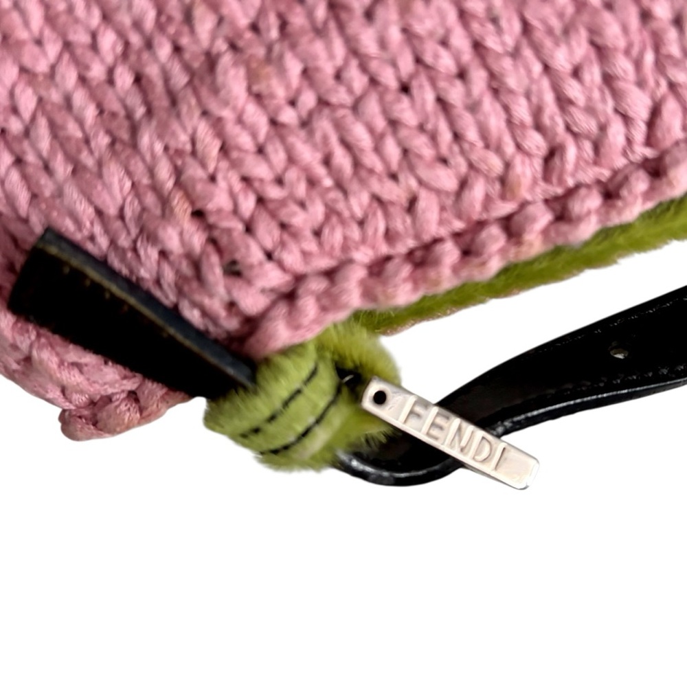 FENDI VINTAGE RARE Y2K Pink Knit Floral Green Cow Print Pony Hair Trim Baguette - Picture 10 of 16